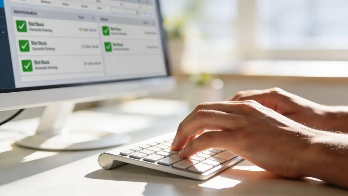 A person typing on a computer keyboard with data analytics displayed on the monitor screen.