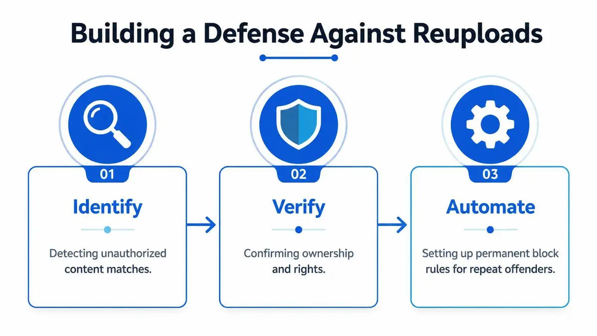A three-step infographic showing how to identify, verify, and automate defense against unauthorized video reuploads.