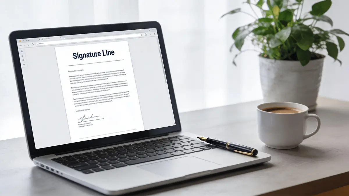 A modern laptop displaying a digital document with a signature line on a desk with coffee.