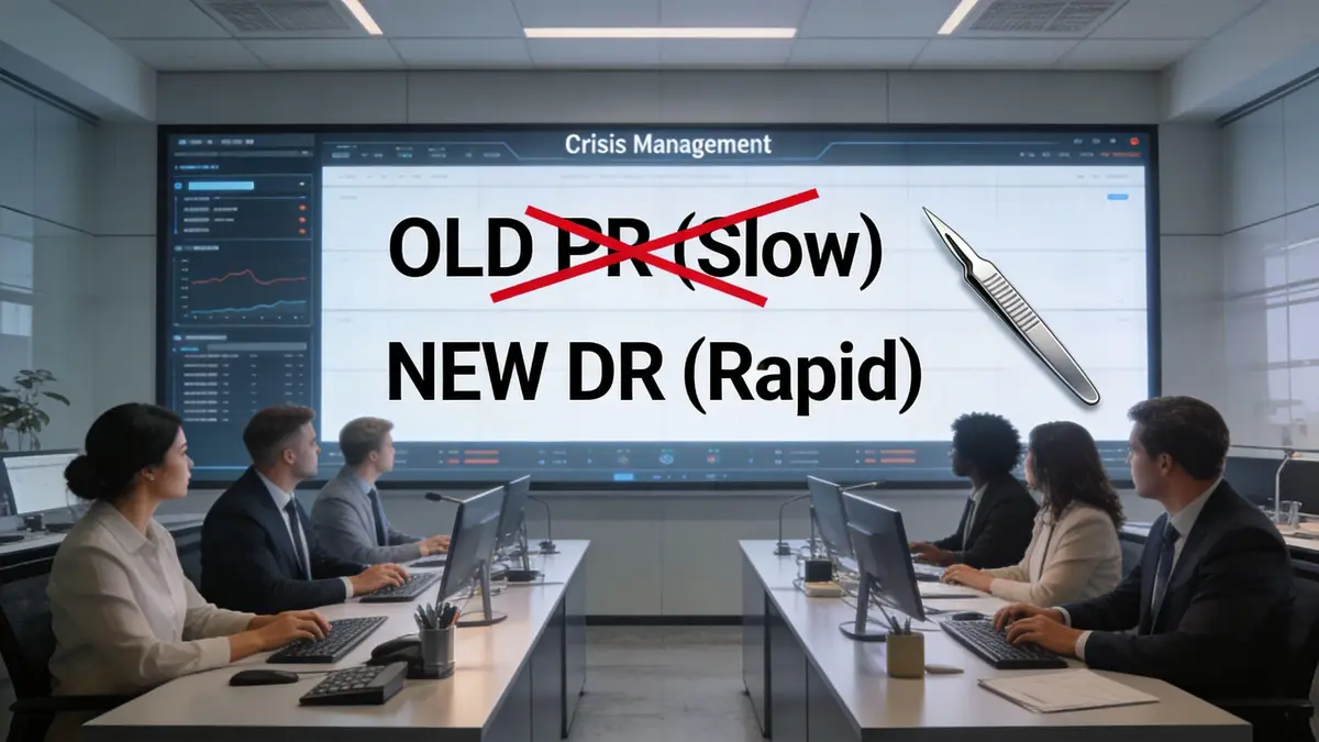 A corporate meeting room with a large screen displaying the transition from slow PR to rapid DR.