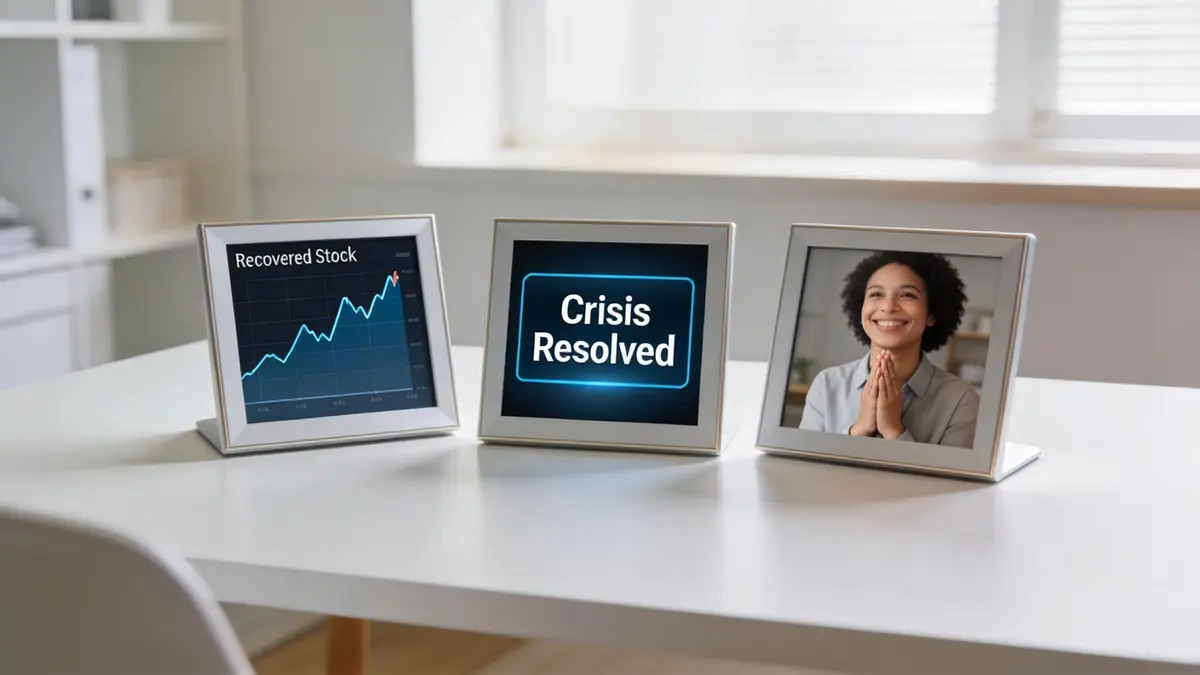 Three digital frames on a table showing a stock chart, resolution text, and a happy woman.