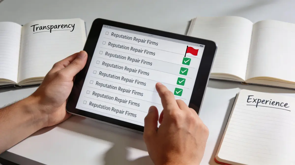 A person selecting items on a tablet screen labeled Reputation Repair Firms with checkmarks and a red flag.
