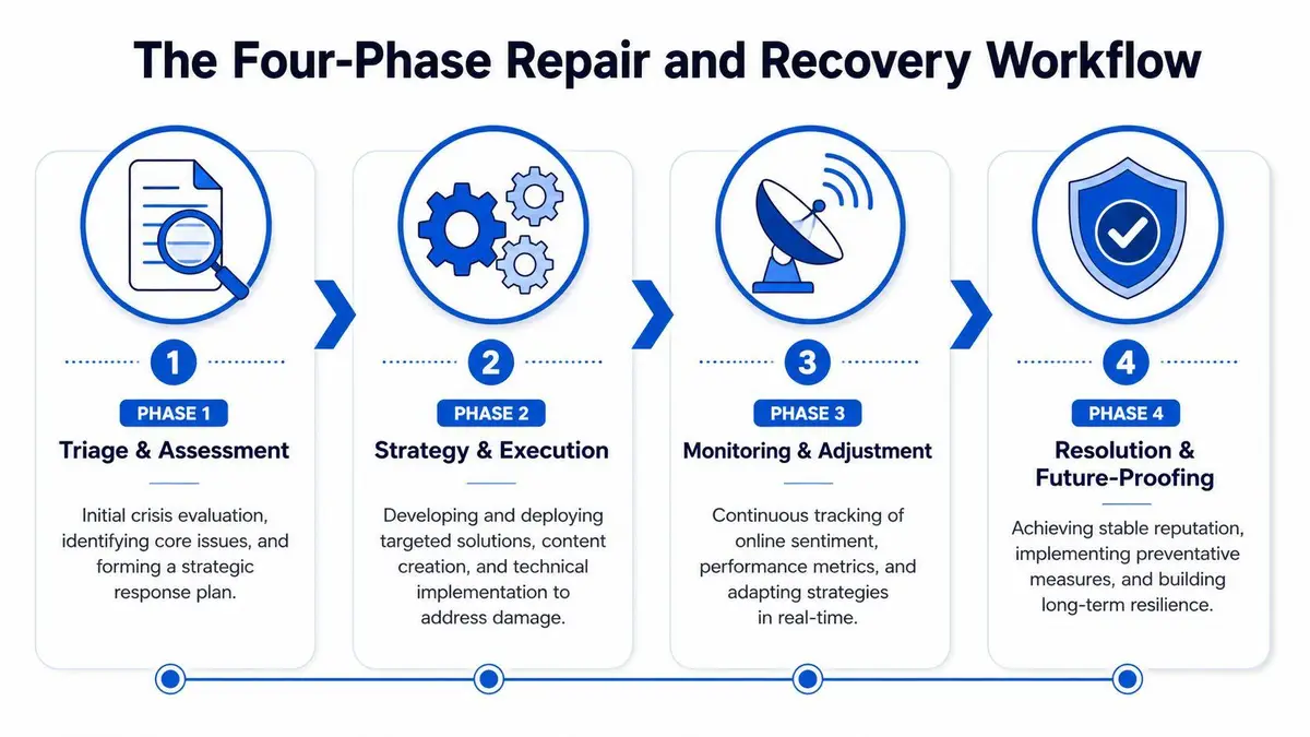 A four-phase workflow diagram illustrating the step-by-step process for managing reputation damage repair and recovery.