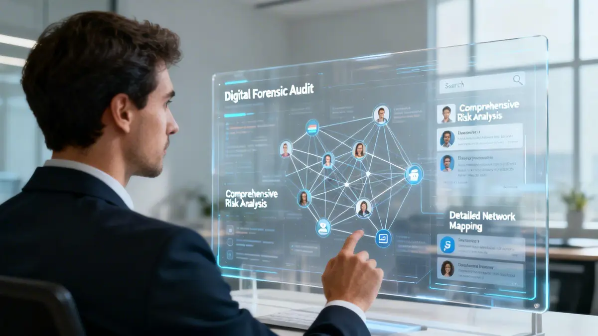 A professional man in a suit interacting with a transparent digital screen displaying data and network analytics.