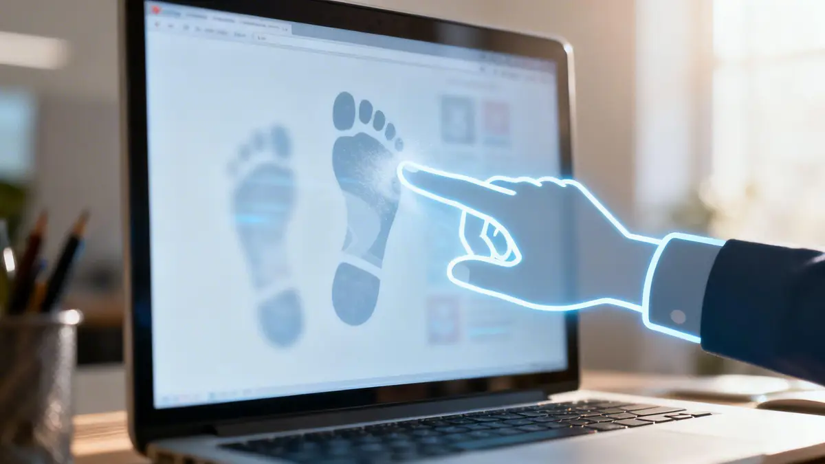 A conceptual image representing digital reputation management with a glowing hand touching a footprint on a laptop.