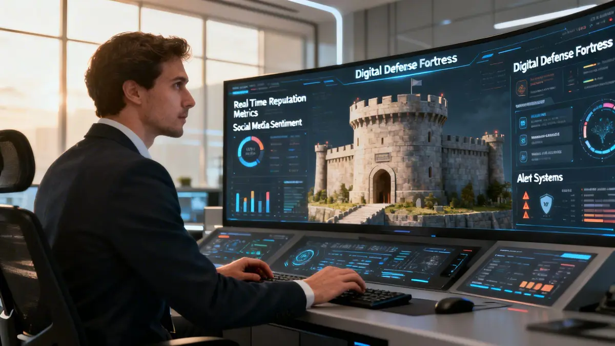 A professional in a suit monitoring digital reputation management software on a futuristic screen showing a castle fortress.