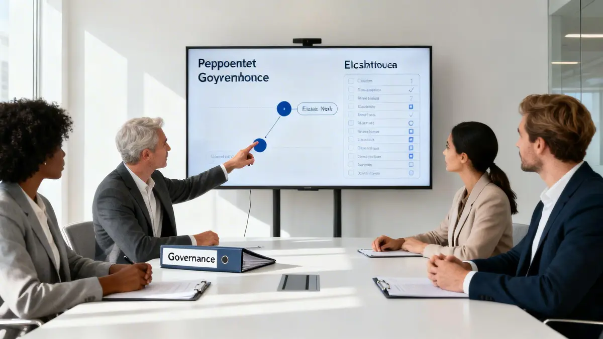 Four business professionals attend a corporate meeting, with a man pointing at a presentation on a large screen.