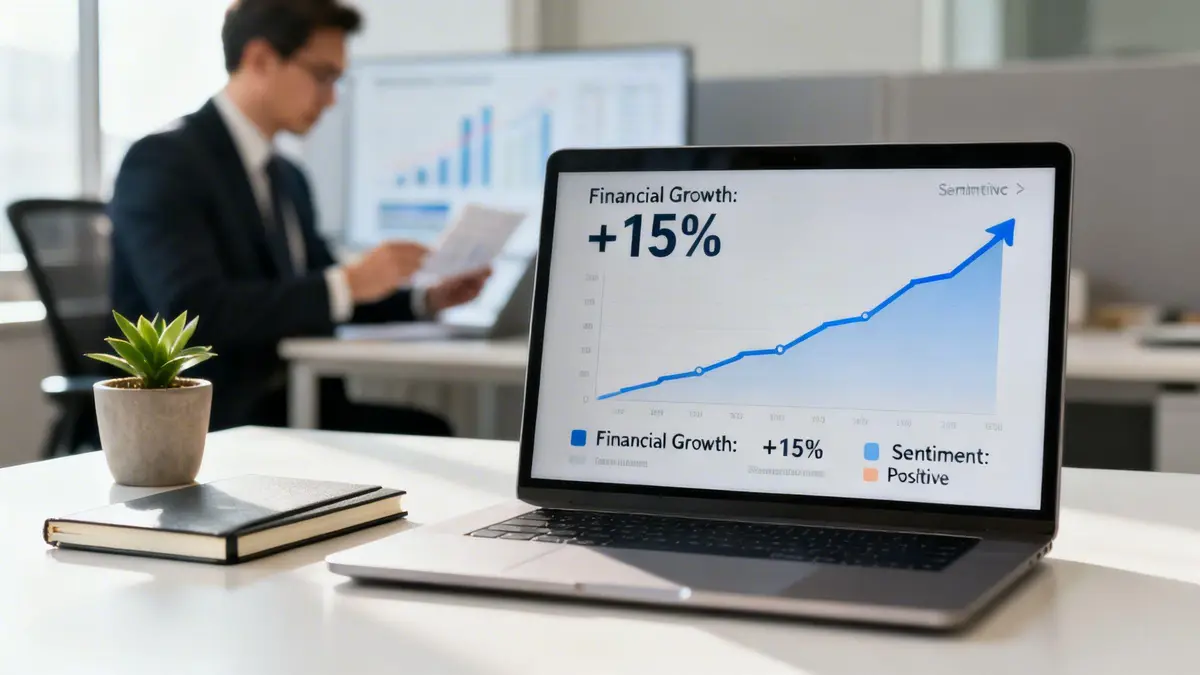 A laptop on an office desk displays a financial growth chart, with a blurred person working in the background.