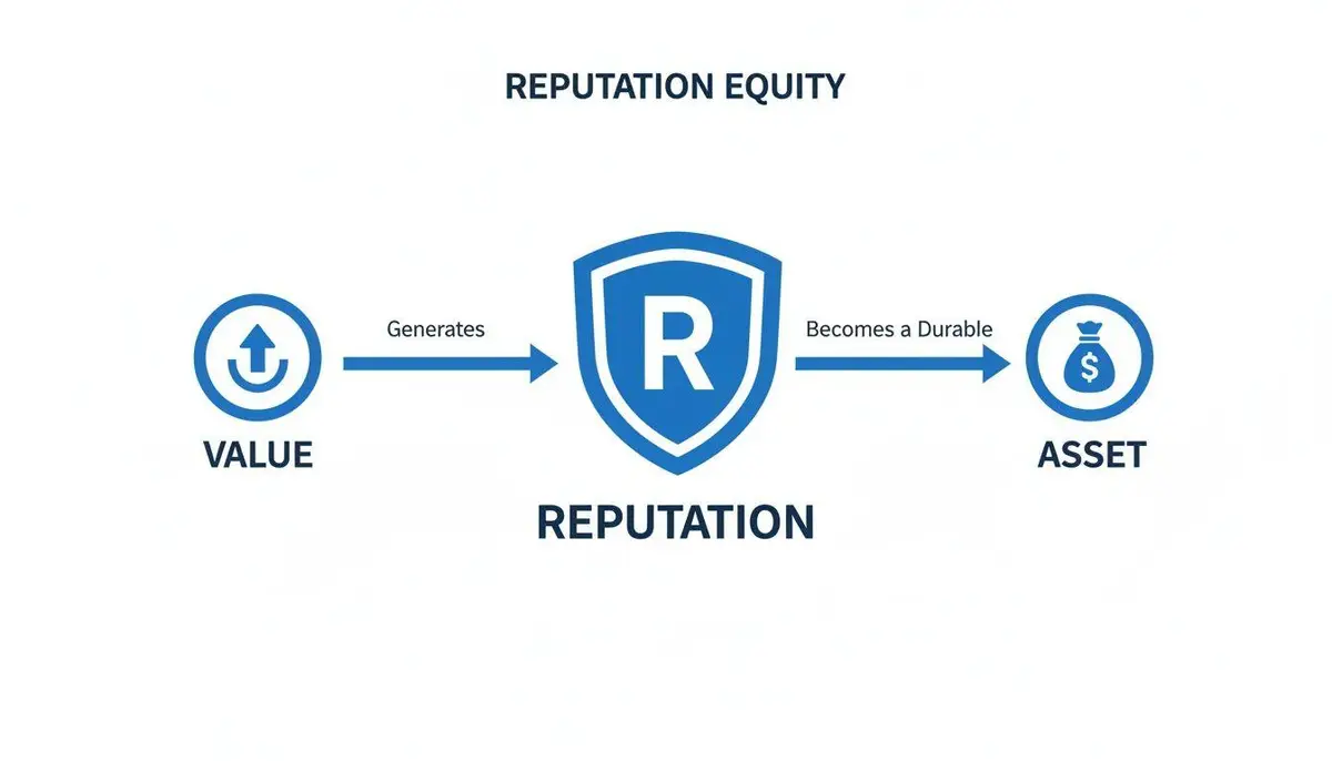 Flowchart illustrating reputation equity: value generates reputation, becoming a durable asset.