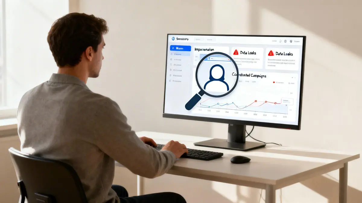 A man monitors a computer screen displaying a dashboard with data leaks, impersonation, and security alerts.
