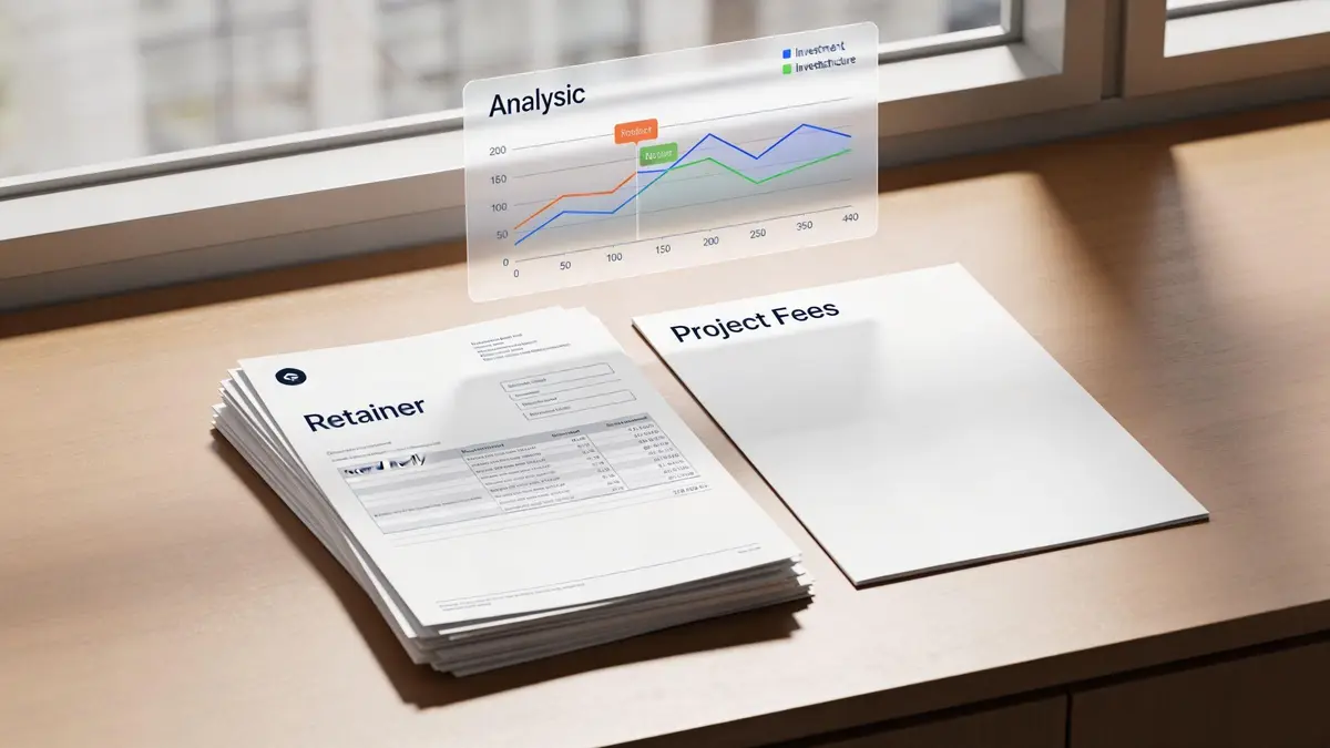 A stack of professional documents on a desk with a holographic business analysis chart displayed above.