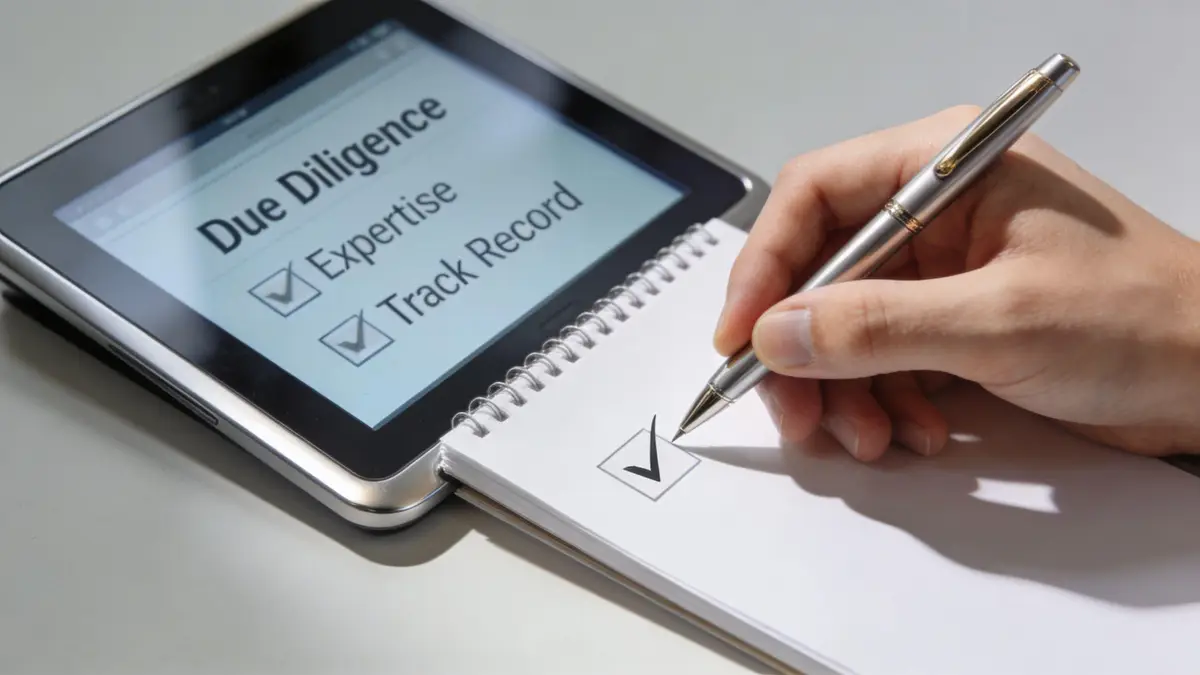 A hand using a silver pen to mark a checklist next to a tablet showing due diligence items.