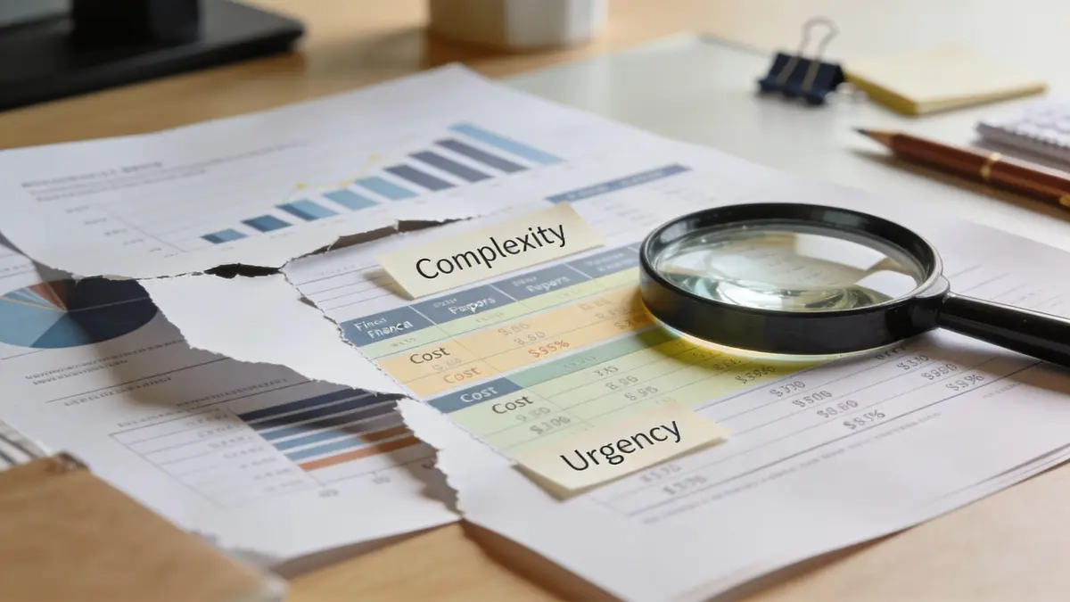 A magnifying glass inspecting financial data charts on a desk with complexity and urgency labels attached.