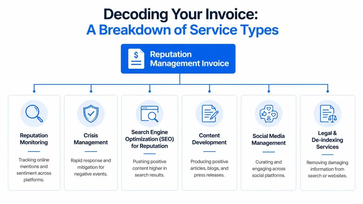 A flow chart explaining the different service types included in a typical reputation management invoice.