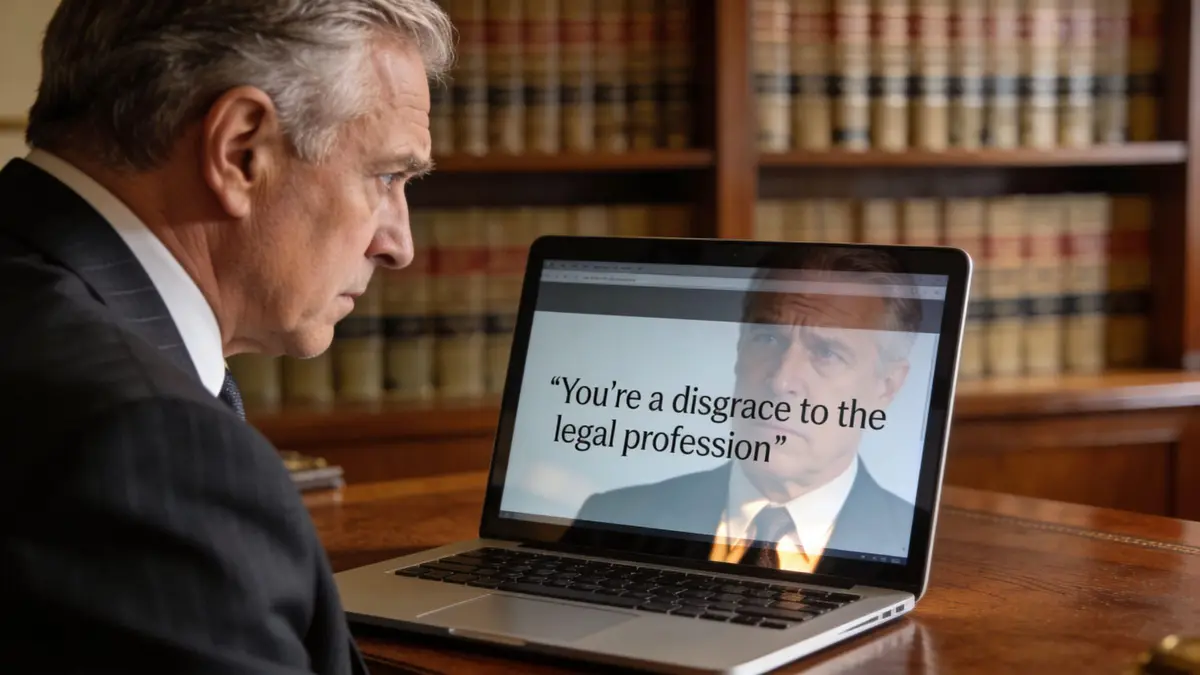 A barrister in a library looks at a laptop screen showing a message criticizing his legal reputation.