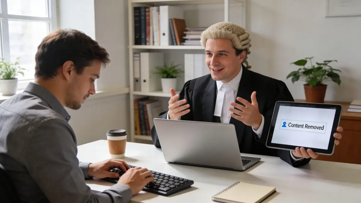 A barrister in a courtroom wig discussing digital reputation management with a client in an office.