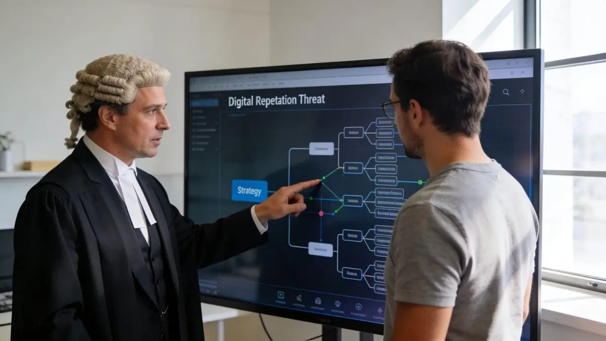 A barrister in a wig discusses a digital reputation threat diagram on a screen with a client.