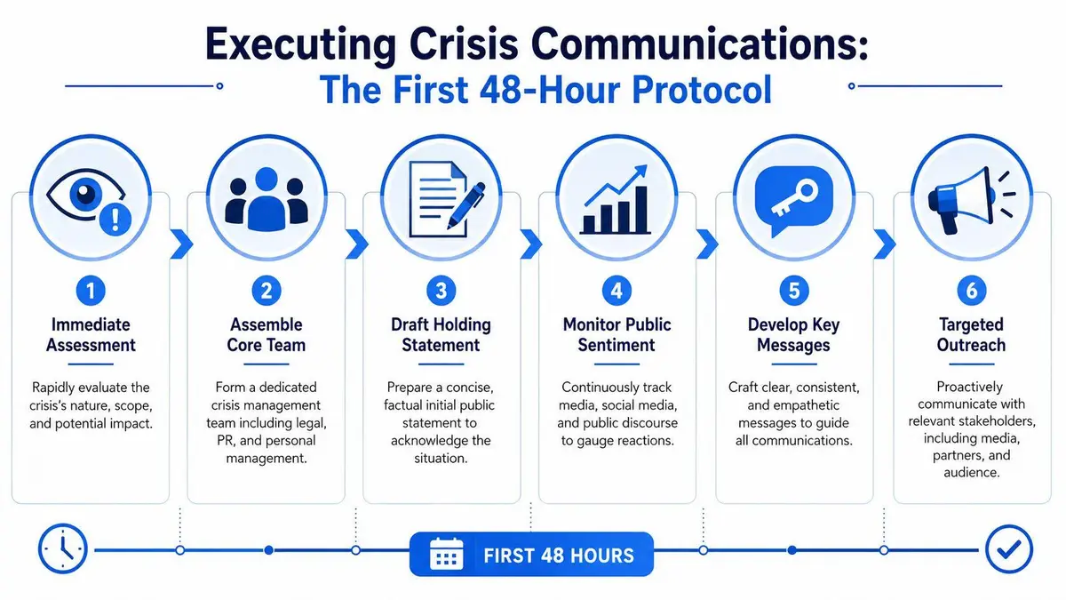 A six-step infographic detailing a crisis communication protocol for managing reputations within the first 48 hours.