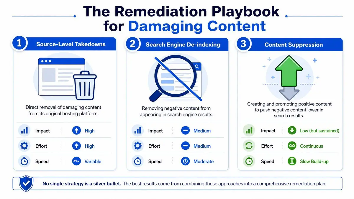 An infographic titled The Remediation Playbook for Damaging Content outlining three strategies to manage negative online information.