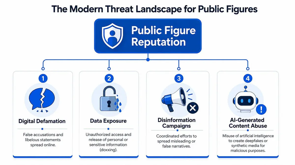 A diagram illustrating four key threats to public figure reputation, including digital defamation, data exposure, and disinformation.