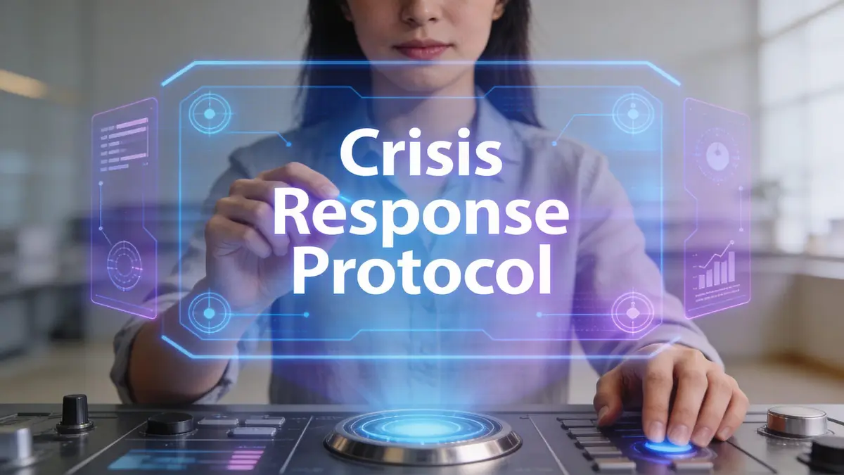 A professional woman interacting with a digital interface showing the text Crisis Response Protocol on a console.