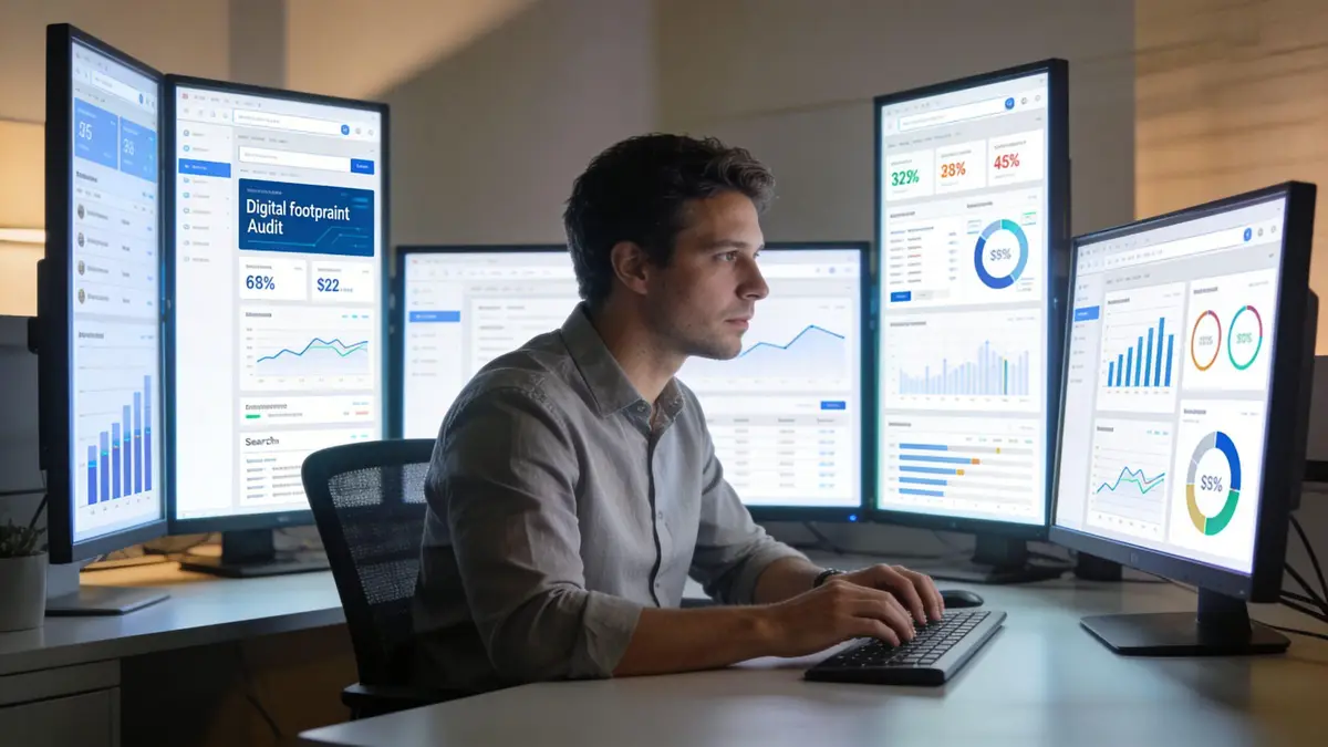 A professional entrepreneur analyzing data on digital footprint audits across multiple computer monitors in a dark office.