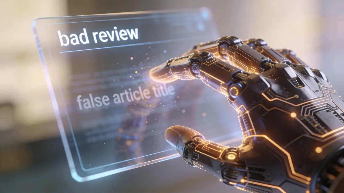 A robotic hand touching a digital holographic screen displaying the text bad review and false article title.