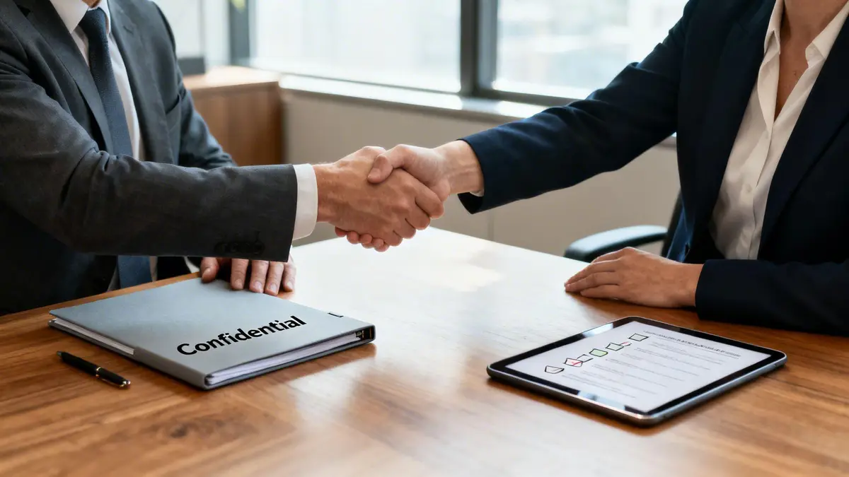 Two business professionals shaking hands over a table with confidential documents and a tablet.