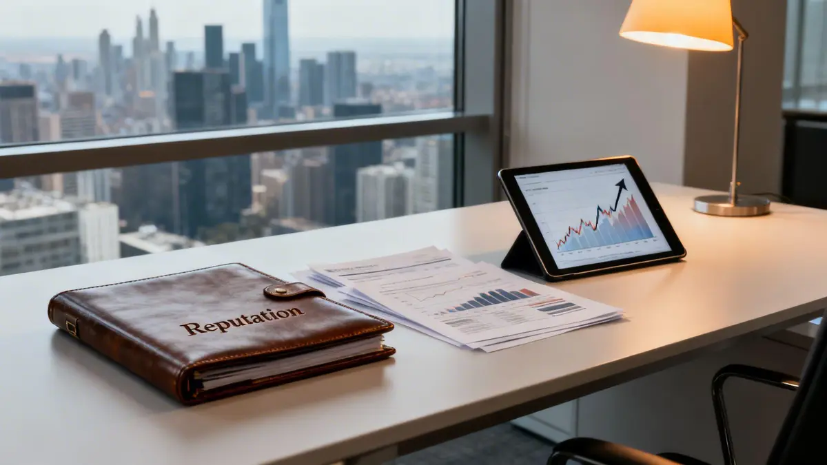 A high-rise office desk with a 'Reputation' binder, financial charts, and a tablet showing growth.