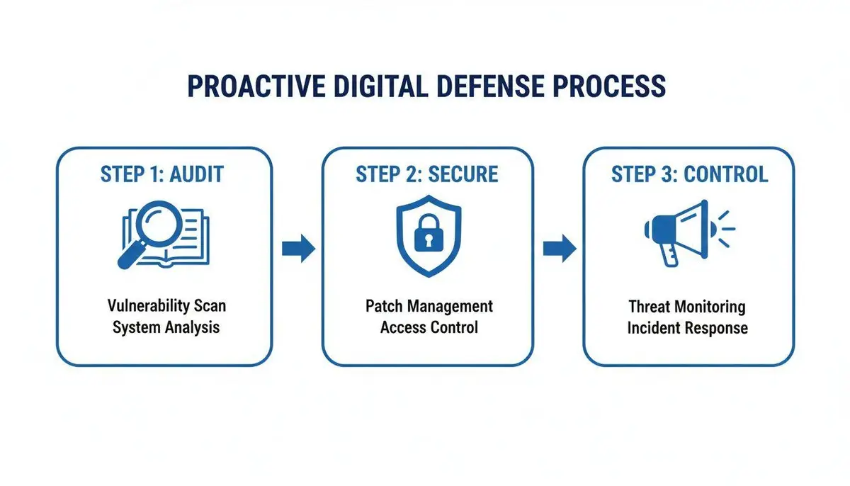 Diagram illustrating a 3-step proactive digital defense process including audit, secure, and control.