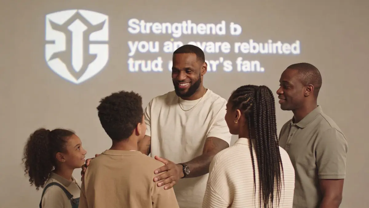 LeBron James standing with a family, smiling and placing his hands on a young boy's shoulders.