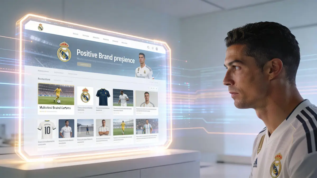 Cristiano Ronaldo looking at a futuristic digital display showcasing Real Madrid brand management and sports statistics