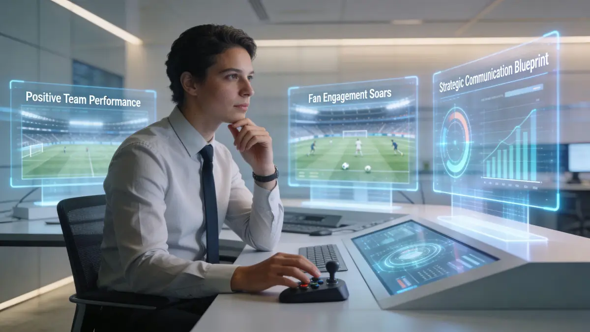 A professional analyzing sports performance and engagement metrics through a futuristic digital interface and control console.