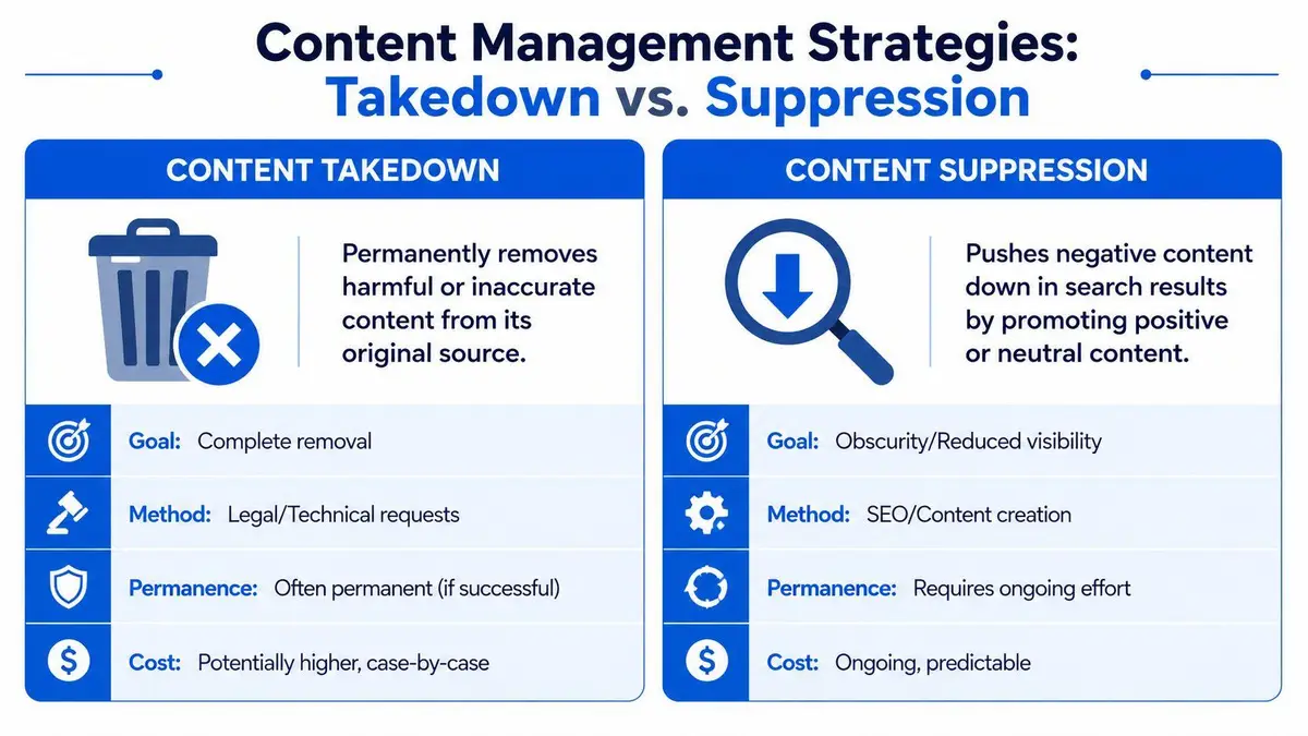 A comparison chart explaining the differences between content takedown and content suppression for online reputation management.