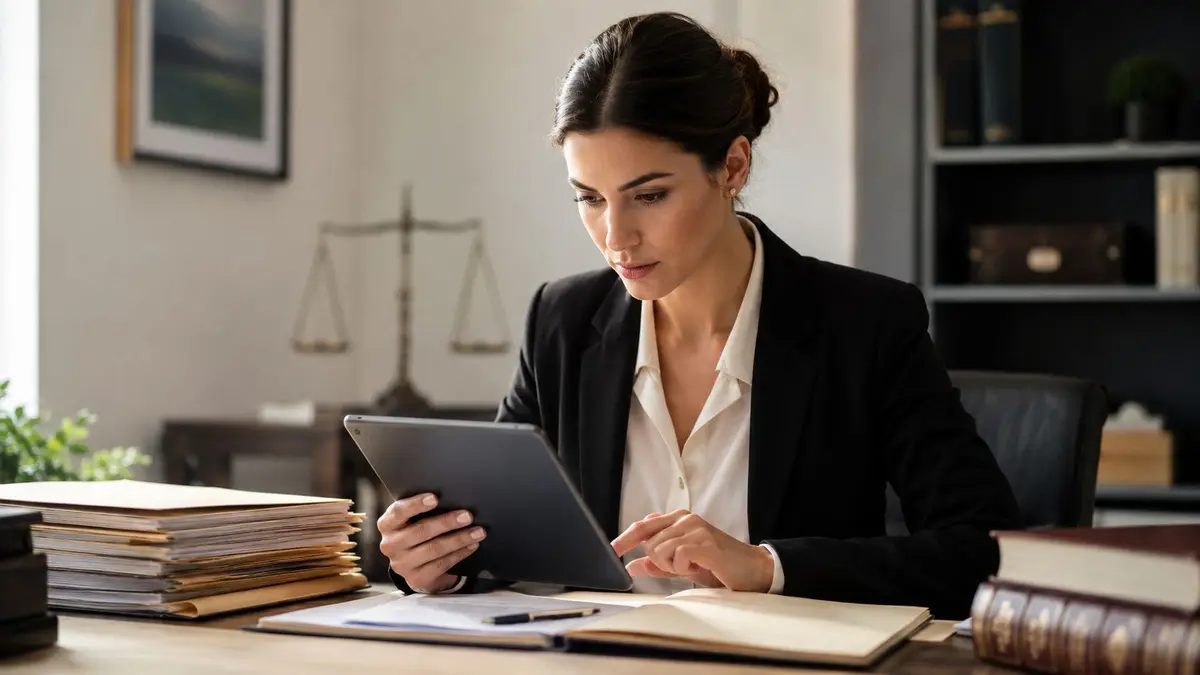 A professional female attorney reviewing digital documents on a tablet in her organized law office desk.