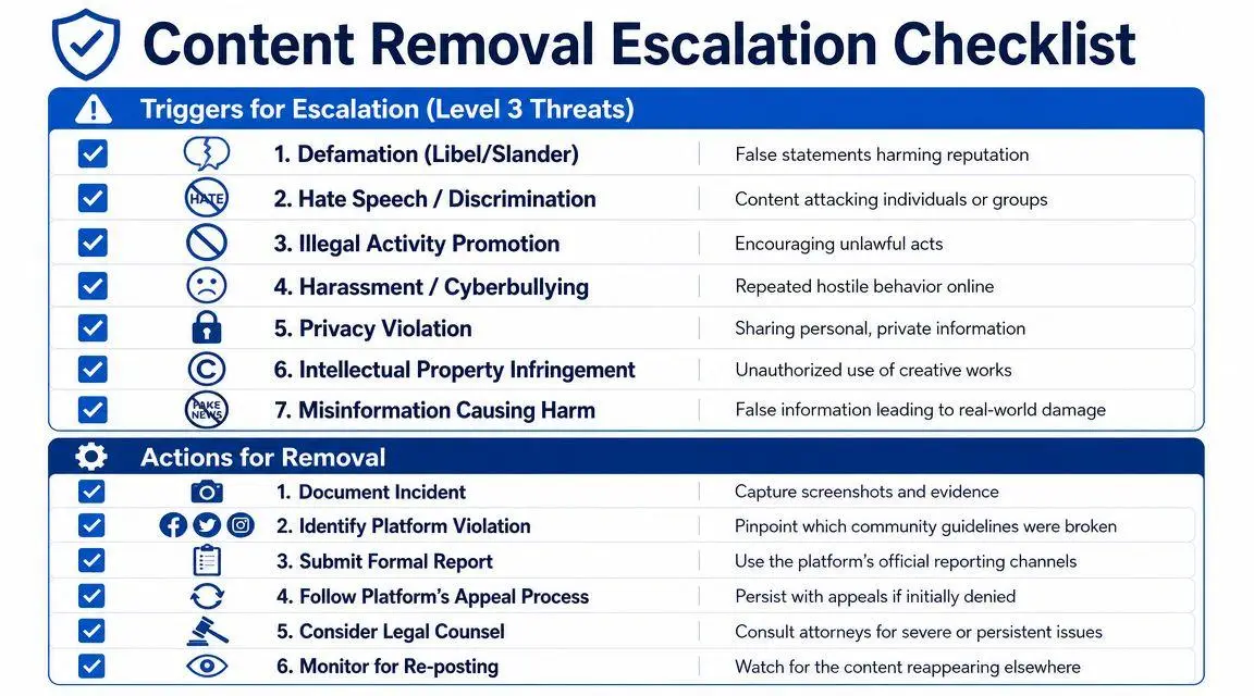 A checklist infographic detailing triggers for content removal and necessary actions for managing online platform violations.