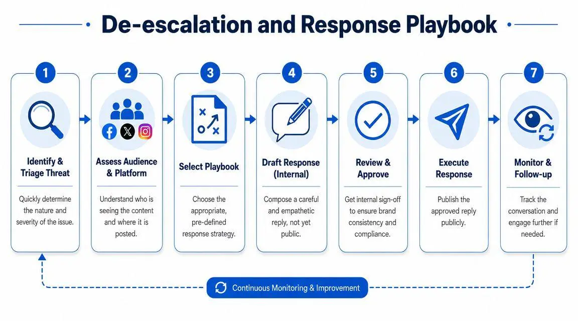 A flowchart titled De-escalation and Response Playbook outlining seven steps for managing social media threats.