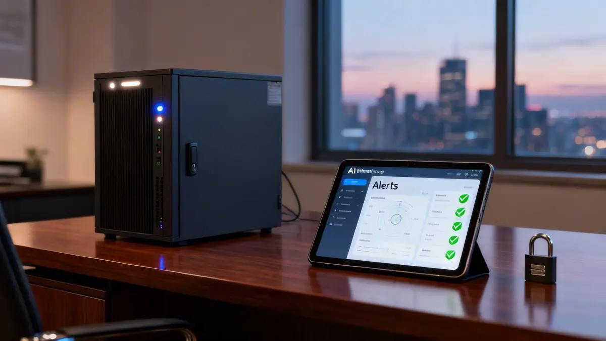 A black server, a tablet displaying an 'Alerts' dashboard, and a padlock on an office desk.
