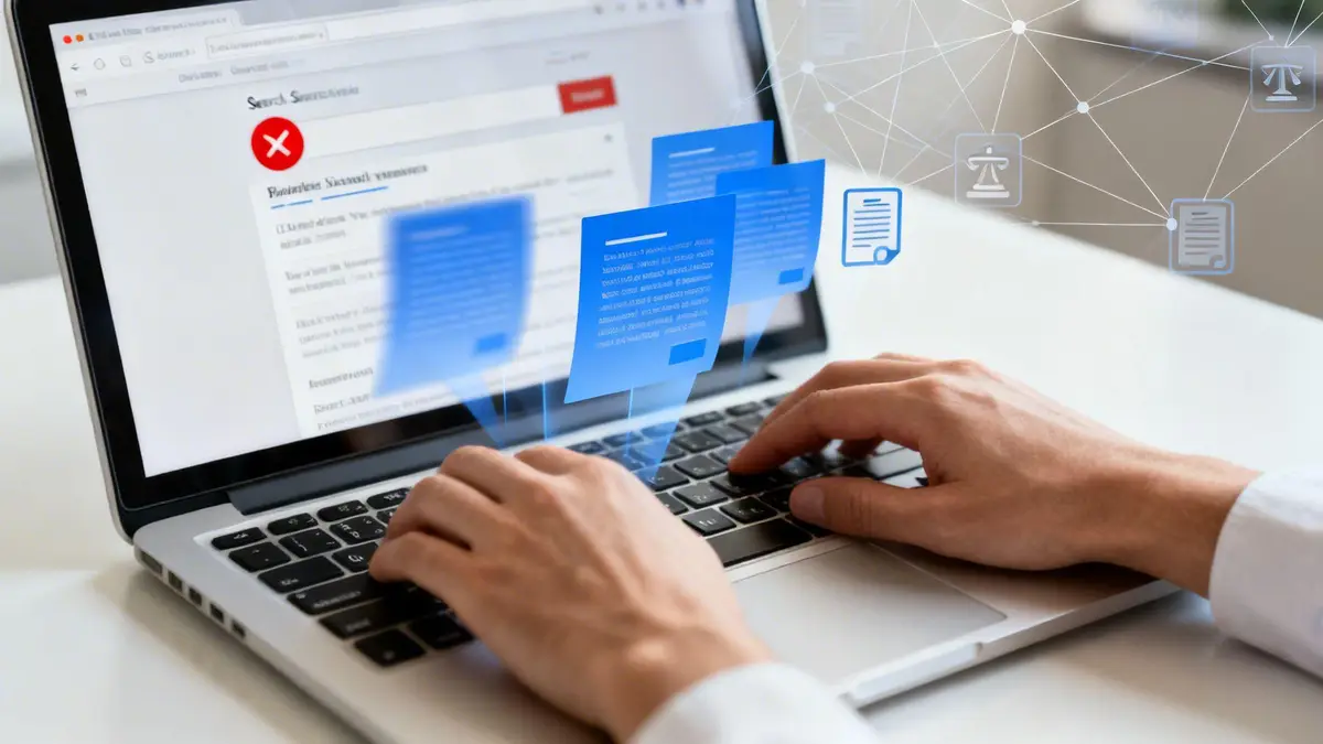 Hands typing on a laptop with holographic documents and legal icons, suggesting digital law services.