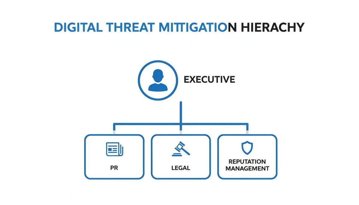 Hierarchy diagram showing Executive leading PR, Legal, and Reputation Management for digital threat mitigation.