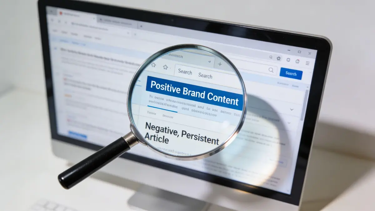 A magnifying glass focused on a computer screen displaying positive brand content and a negative persistent article.
