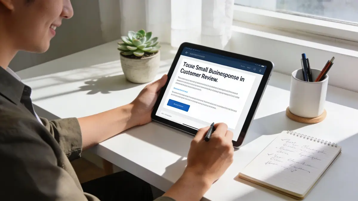 A person using a stylus on a tablet to manage customer reviews for a small business.