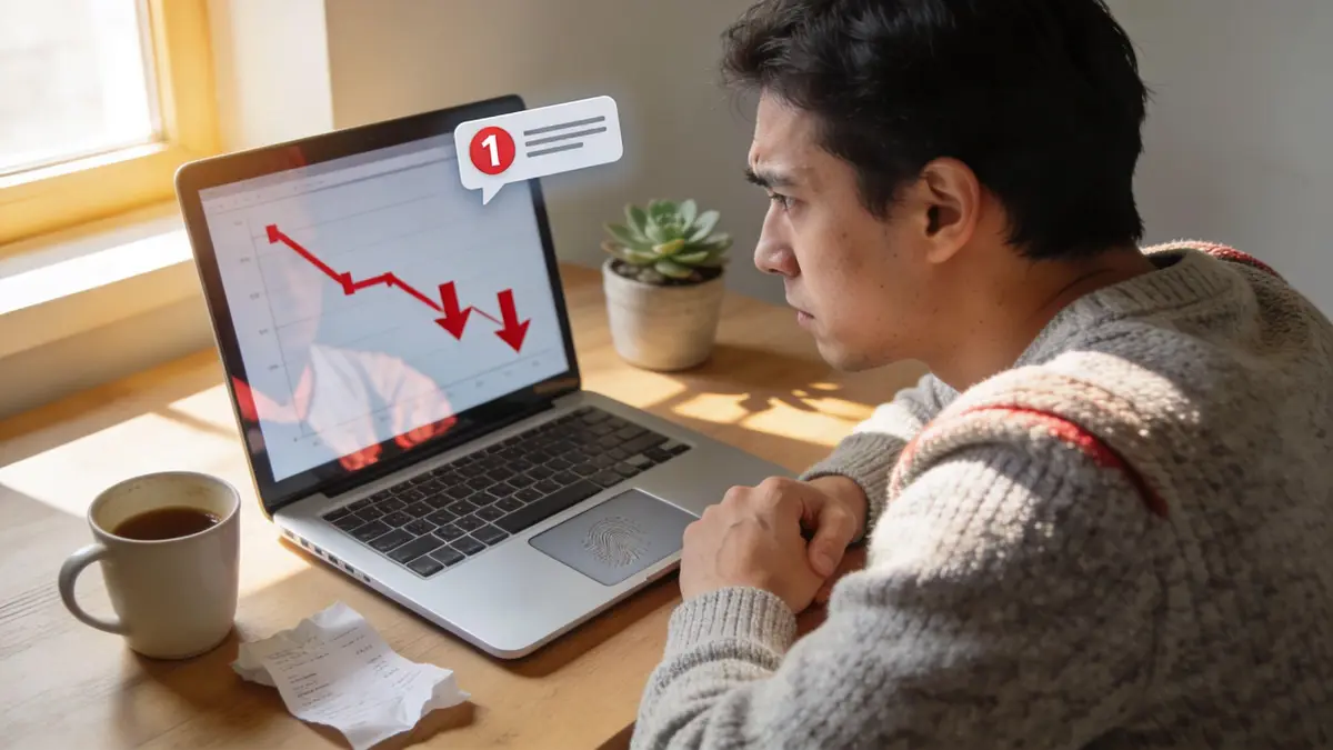 A concerned man looks at his laptop screen showing a declining financial chart and a notification bubble.