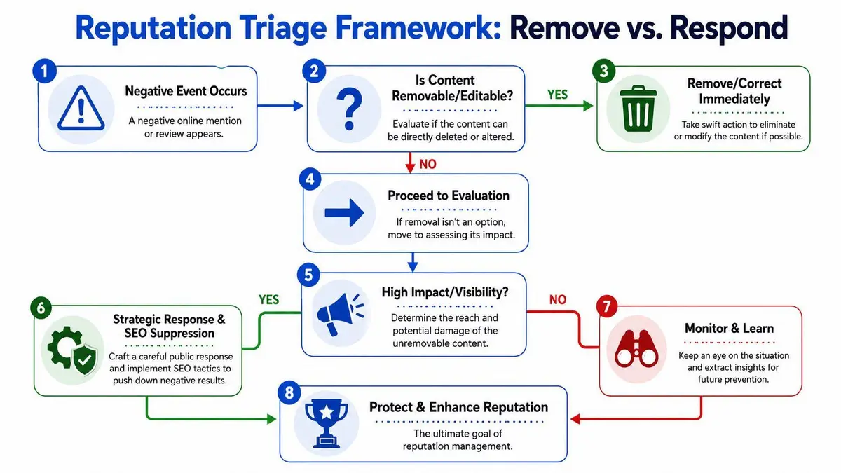 A flow chart illustrating the Reputation Triage Framework for small businesses to handle negative online content.