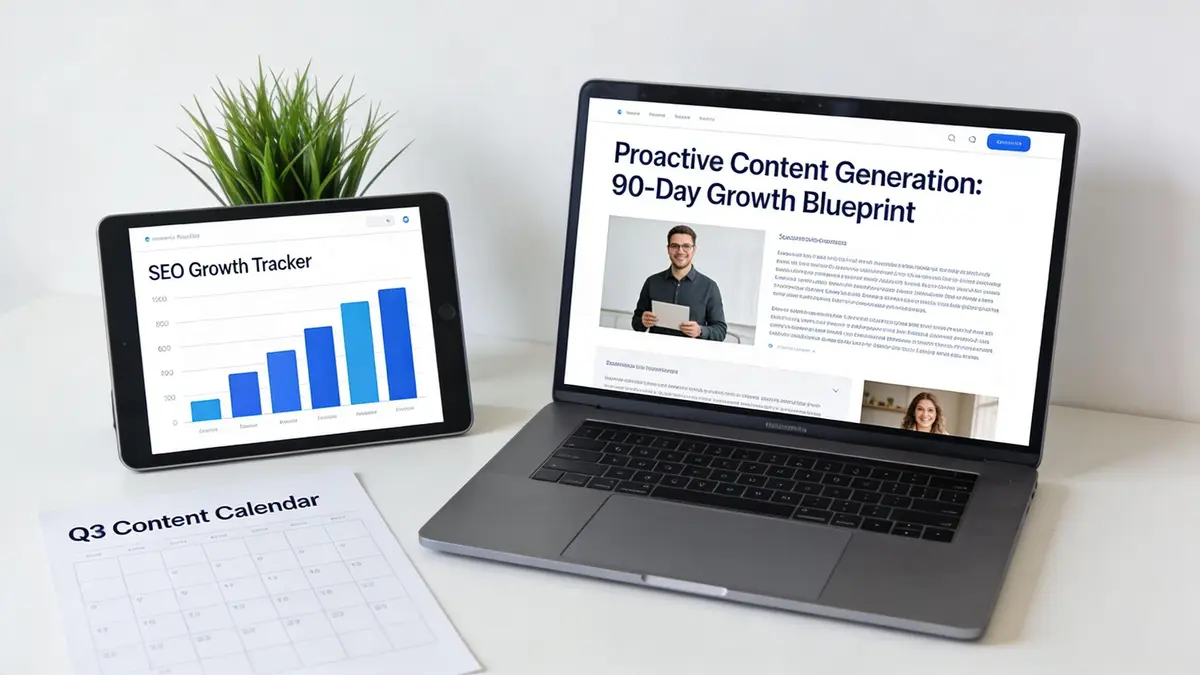 A laptop and tablet displaying business growth and SEO content marketing strategies on a workspace desk.