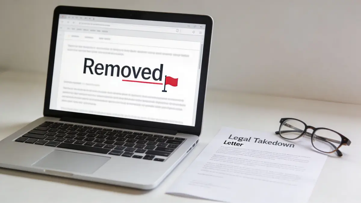 A laptop displaying a removed notification next to a legal takedown letter and reading glasses on a desk.