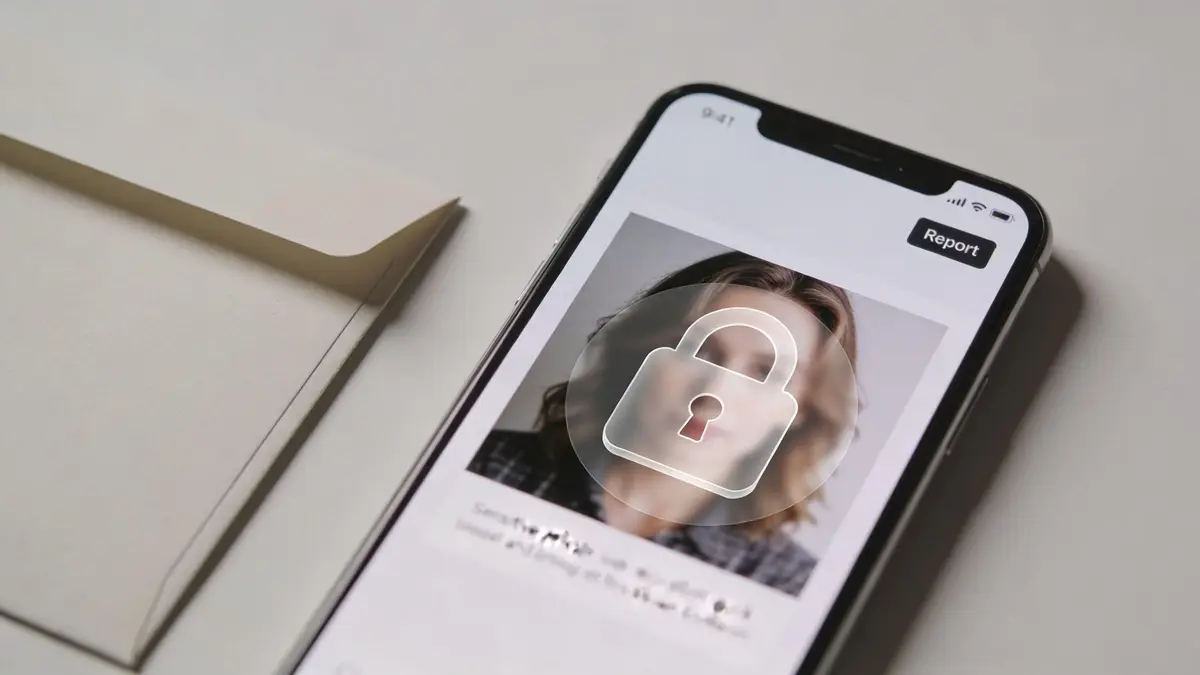 A smartphone screen displaying a profile photo with a lock icon, indicating sensitive and private content.