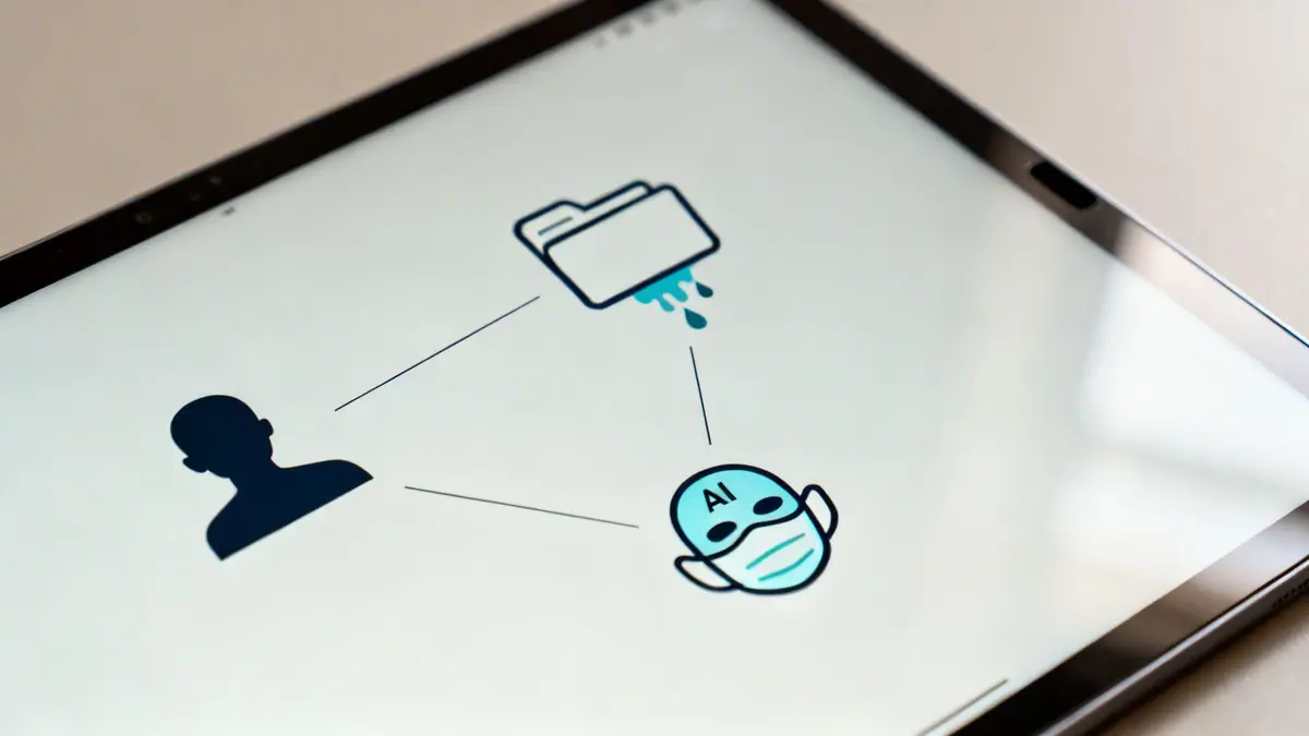 A tablet displays a diagram with a person, dripping data folder, and a masked AI icon, symbolizing data privacy.