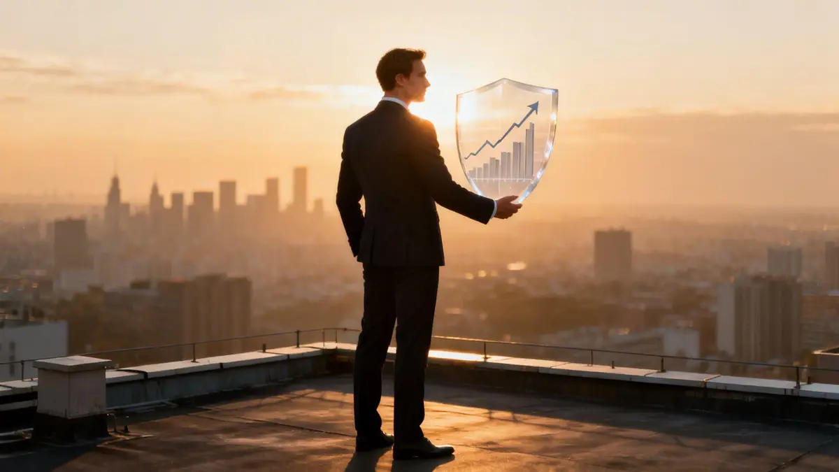 Businessman on a rooftop at sunset, holding a transparent shield with a financial growth graph.