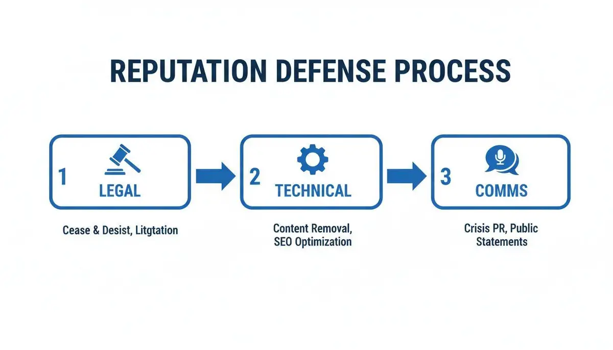 Flowchart illustrating the 3-step reputation defense process: legal, technical, and communications.